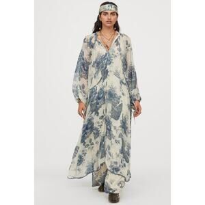 New SABYASACHI X H&M Dress ~L Chiffon Floral-Peacocks Kaftan Balloon-Long-Sleeve